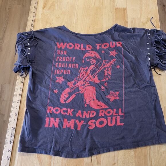 VibeN' Rock & Roll T-shirt Fringe Gray Short Sleeve Cropped Studded M - Picture 8 of 11